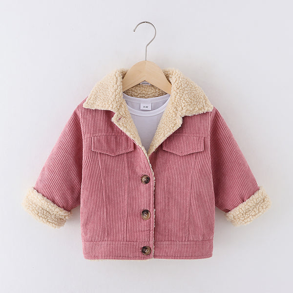 Toddler GirlBoy Lapel Collar Button Design Fleece Lined Coat