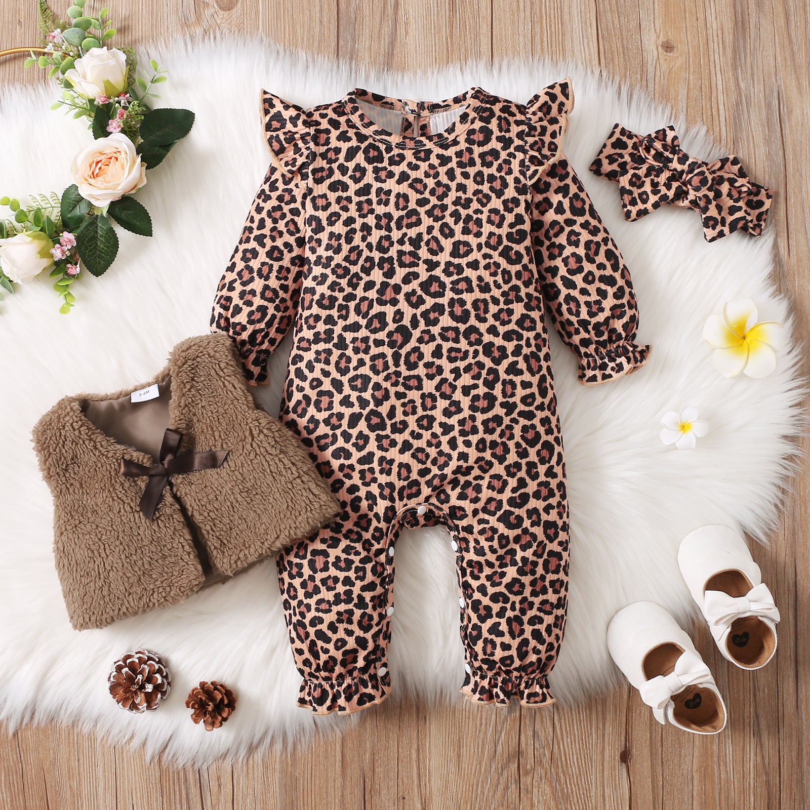 3pcs Baby All Over Leopard Long-sleeve Jumpsuit and Fuzzy Fleece Vest Set