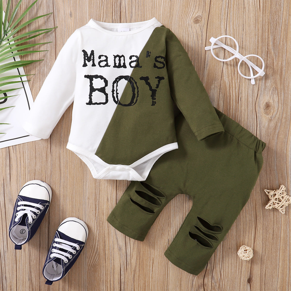 2pcs Baby Letter Print Color Block Long sleeve Romper and Hollow out Trousers Set