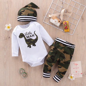 3pcs Baby Boy Dinosaur and Letter Print Long-sleeve Romper with Camouflage Trousers Set