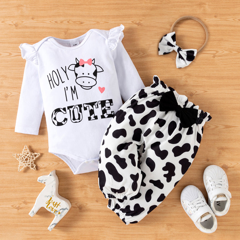 3pcs Baby Girl Letter and Cow Print White Long sleeve Romper and Bowknot Trousers Set