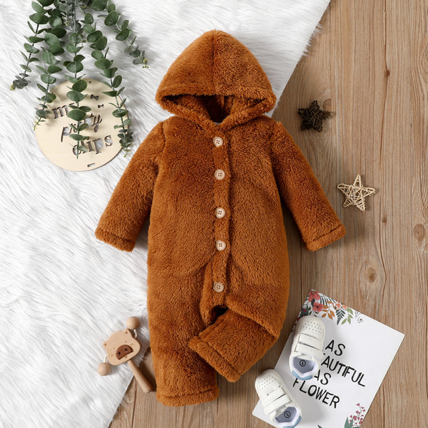 Baby Girl Solid Thickened Fuzzy Fleece Long-sleeve Hooded Jumpsuit