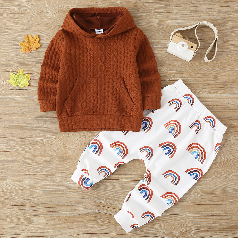 2-piece Toddler Cable Knit Hoodie and Rainbow Print Pants Set