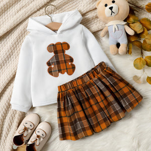 2 piece Toddler Girl Bear Embroidered Hoodie Sweatshirt and Plaid Skirt Set