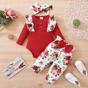 3pcs Baby Red Ribbed Long-sleeve Ruffle Romper and Rose Floral Print Bowknot Trousers Set