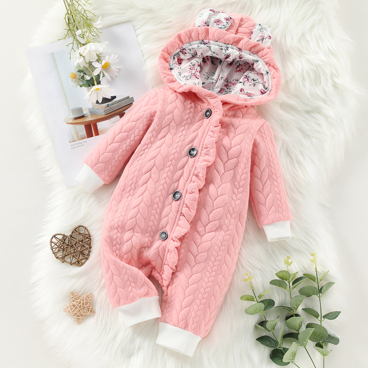 3D Ears Hooded Long-sleeve Ruffle Pink Thickened Lined Baby Jumpsuit US Sale