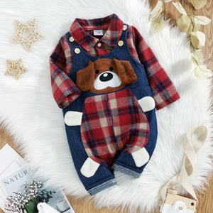 Christmas 2pcs Baby Red Plaid Long-sleeve Shirt Romper and 100% Cotton Denim Overalls Set