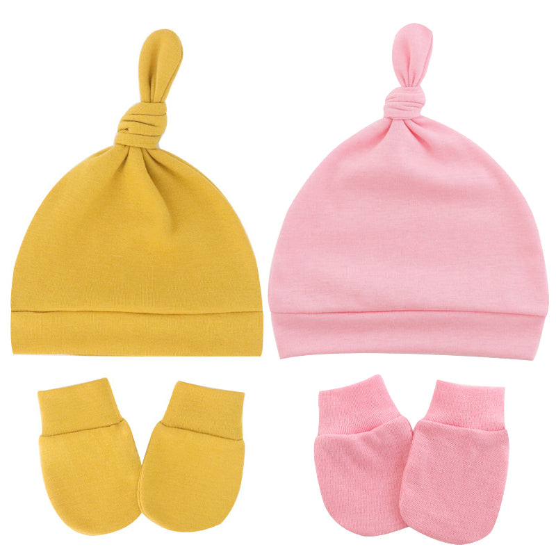 4-pack Baby Top Knot Beanie Hat and Anti-scratch Glove Set