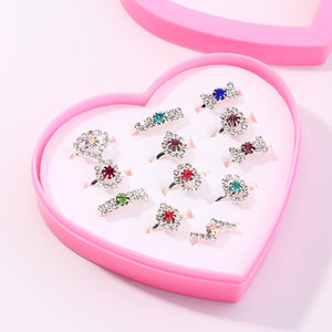 12 pack Rhinestone Gem Rings Kids Jewelry Rings Set with Heart Shape Display Case for Girls Random Pattern