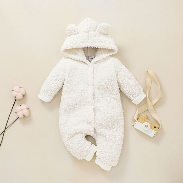 Baby Solid Thickened Fleece 3D Ears Hooded Long sleeve Jumpsuit Snowsuit