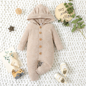 Baby Boy Heathered Ribbed Long-sleeve 3D Ears Hooded Button Down Jumpsuit