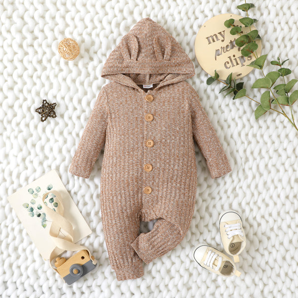 Baby Boy Heathered Ribbed Long-sleeve 3D Ears Hooded Button Down Jumpsuit