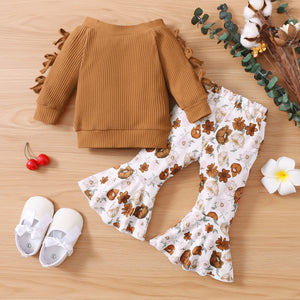 2pcs Baby Solid Ribbed Off Shoulder Bowknot Long sleeve Top and Floral Print Bell Bottom Pants Set