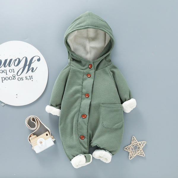 Baby Thickened Fleece Lined Solid Long sleeve Hooded Waffle Jumpsuit
