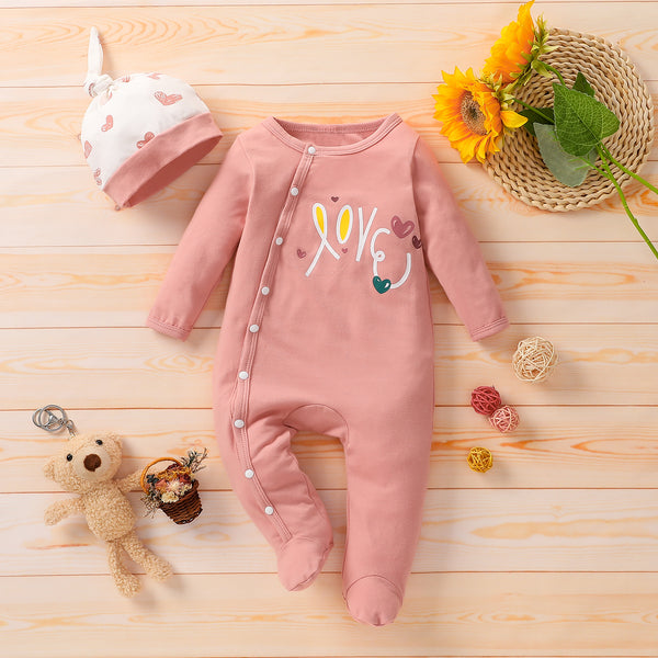 2pcs Baby Love Heart Print Long sleeve Footed Jumpsuit with Hat Set