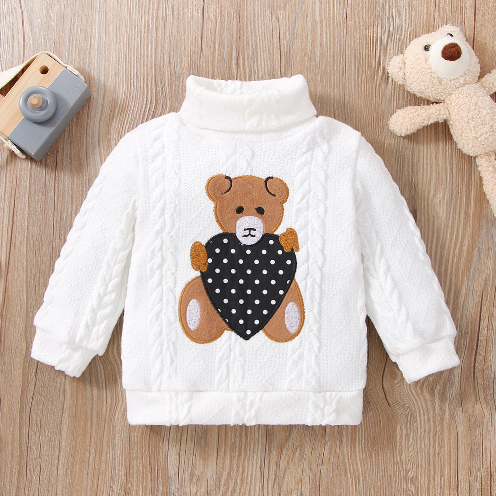 Baby GirlBoy Turtleneck Bear Embroidered Cable Knit Sweater