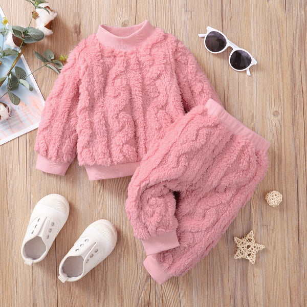 2pcs Baby Girl Solid Fuzzy Fleece Long-sleeve Pullover and Trousers Set