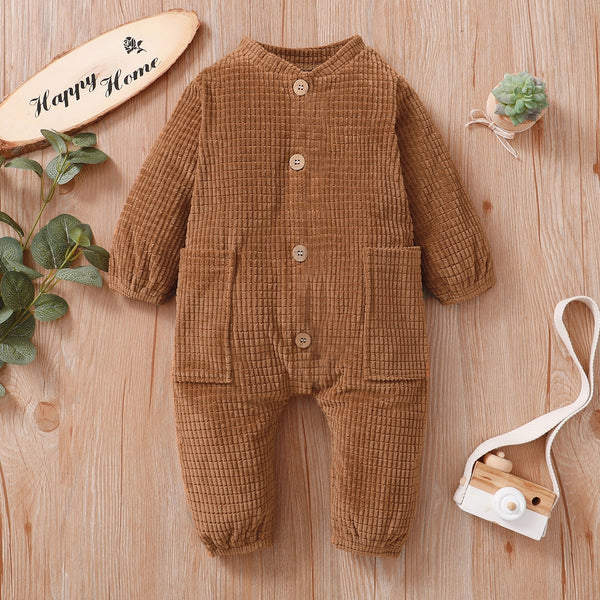 Baby GirlBoy Solid Color Textured Button Design Long-sleeve Jumpsuit