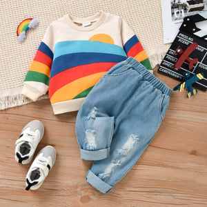 2pcs Baby BoyGirl Rainbow Long-sleeve Sweatshirt and 100% Cotton Denim Ripped Jeans Set