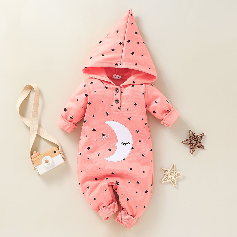 Baby Girl Moon Stars Print Button Design Hooded Long-sleeve Jumpsuit