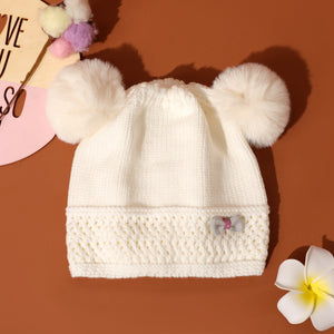 Baby  Toddler Bow Decor Double Pompon Warm Knit Beanie Hat