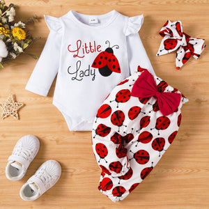 3pcs Baby Girl Ladybug and Letter Print White Ruffle Long-sleeve Romper and Bowknot Trousers Set