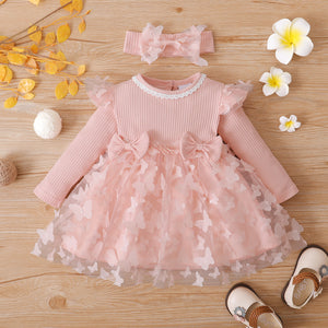 2pcs Baby Girl Pink Ribbed Long-sleeve Splicing 3D Butterfly Appliques Mesh Dress Set