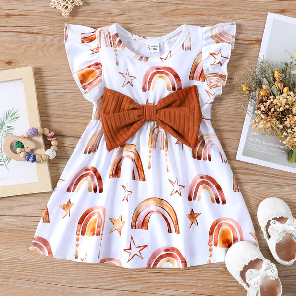 Baby Girl Ribbed BrownWhite Rainbow and Star Print Ruffled Flutter Sleeve Bowknot Dress