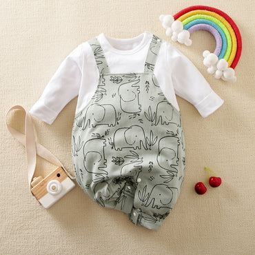 100% Cotton Baby BoyGirl All Over Cartoon Elephant Print Faux-two Long-sleeve Jumpsuit