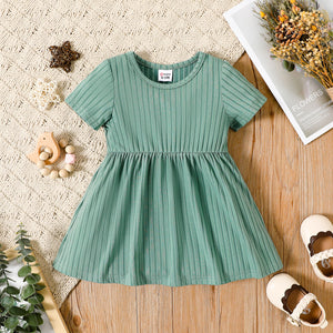 Baby Girl All Over Rabbit PrintSolid Ribbed Short-sleeve Dress