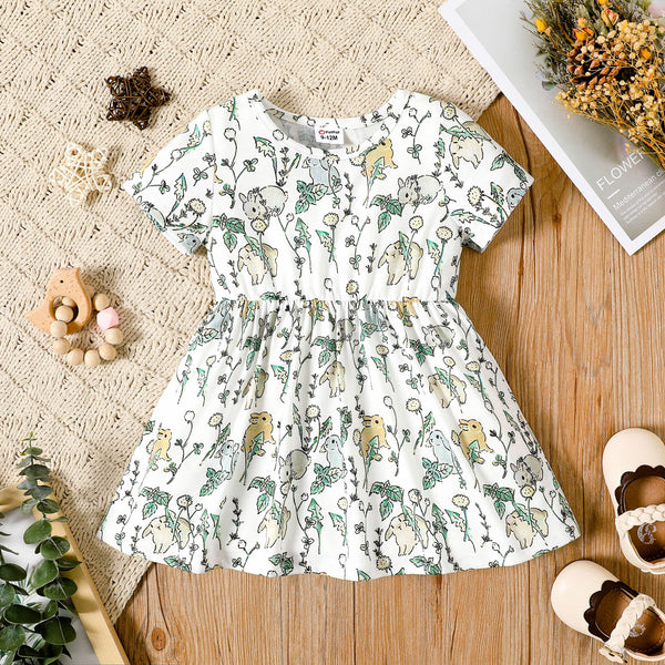 Baby Girl All Over Rabbit PrintSolid Ribbed Short-sleeve Dress