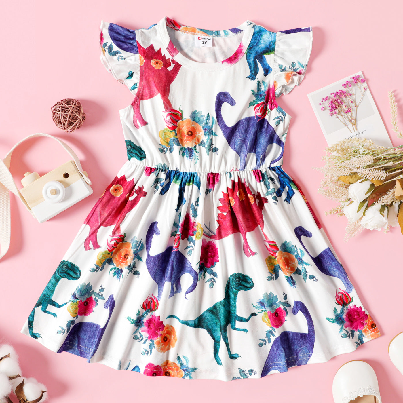 Toddler Girl Animal Dinosaur Floral Print Flutter-sleeve Dress
