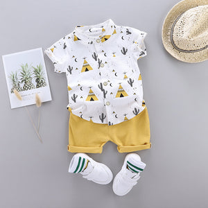 2-piece Toddler Boy Pyramid Cactus Print Short-sleeve Shirt and Yellow Shorts Set