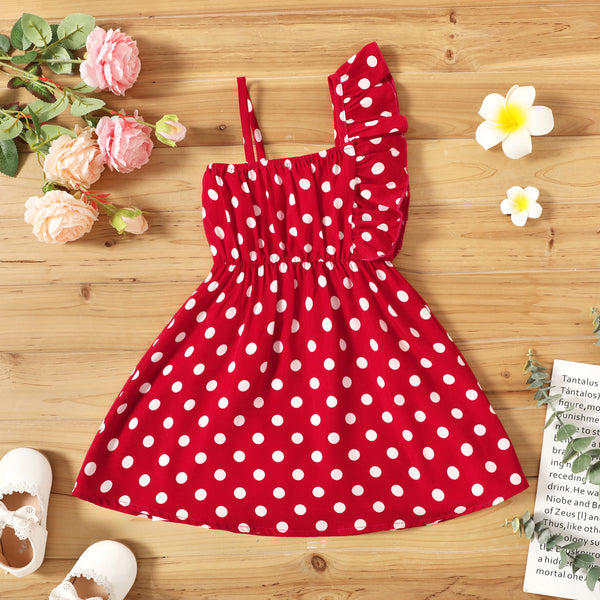 Toddler Girl Polka dots One Shoulder Ruffled Cami Dress