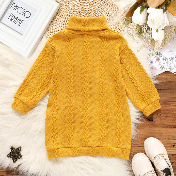 Baby Girl Solid Cable Knit Turtleneck Long-sleeve Dress