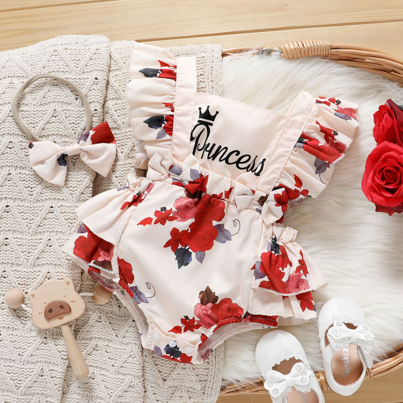 2pcs Baby Girl Red Floral Print Sleeveless Ruffle Princess Romper with Headband Set