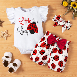 3pcs Baby Girl Letter Print Ruffle Sleeve Romper with Ladybugs Print Shorts and Headband Set