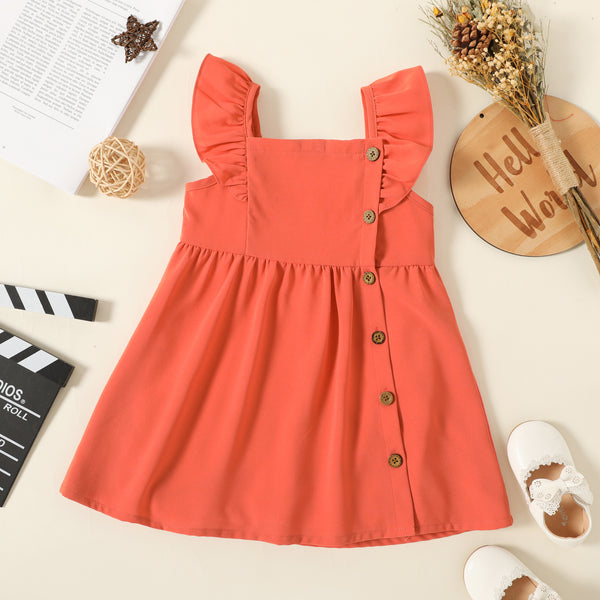 Toddler Girl Floral PrintCoral Red Square Neck Button Design Flutter-sleeve Dress