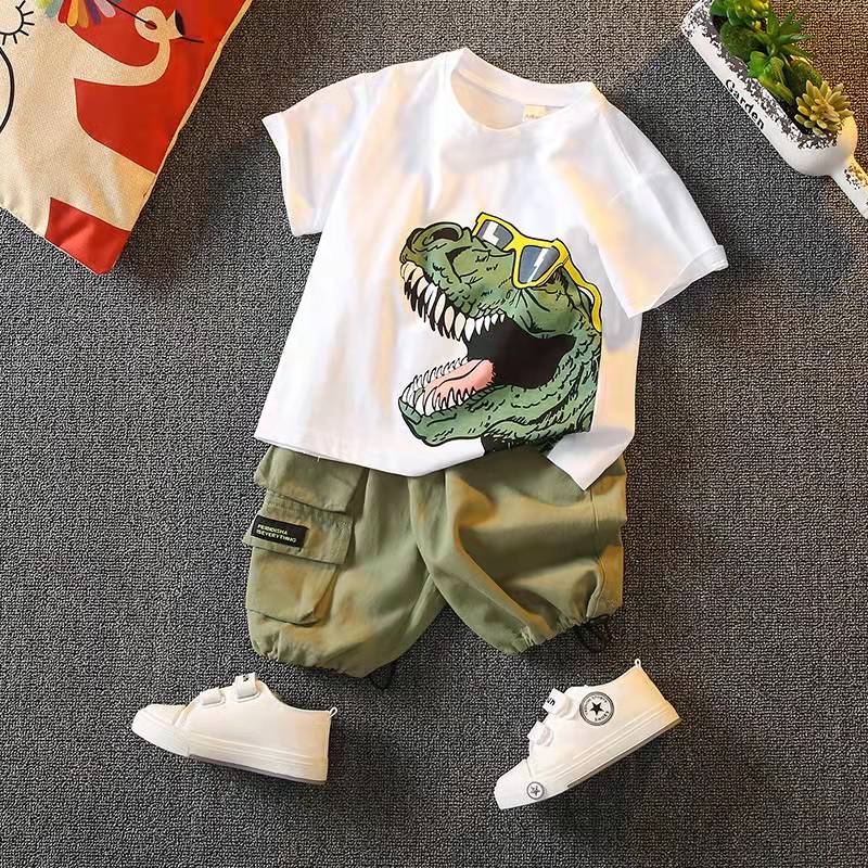 2-piece Toddler Boy Animal Dinosaur Print Short-sleeve White Tee and Dark Green Cargo Shorts Set
