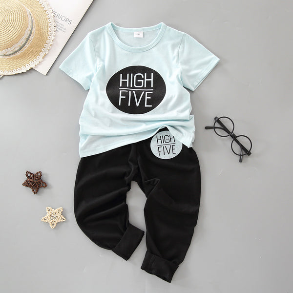 2-piece Toddler Boy Letter Print Short-sleeve Tee and Elasticized Black Pants Set