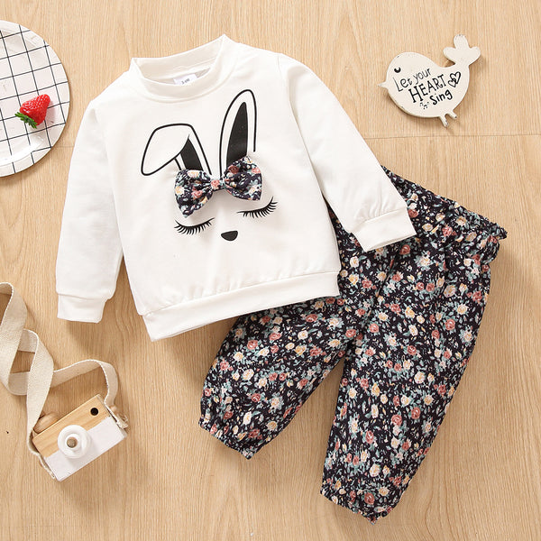 2pcs Baby Girl Cartoon Rabbit Print Long-sleeve Sweatshirt and Floral Print Trousers Set