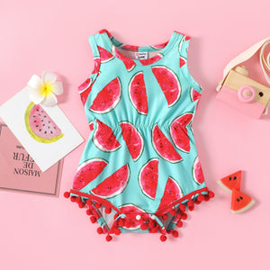 Baby Girl Allover Watermelon Print Pom Poms Design Sleeveless Romper