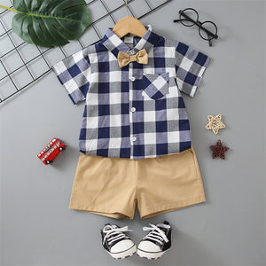 2pcs Toddler Boy Casual Plaid Shirt  Khaki Shorts Set