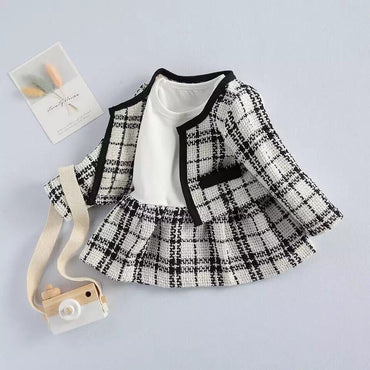 2-piece Toddler Girl Long-sleeve White Plaid Tweed Stitching Dress and Cardigan Set US Sale
