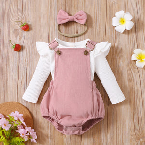 3pcs Baby Girl Solid Ribbed Ruffle Sleeve Top and Overall Shorts with Headband Set