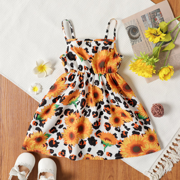 Toddler Girl Bowknot Design Orange Floral Print Cami Dress