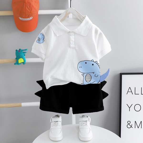 2pcs Toddler Boy Casual Dinosaur Print Polo Shirt  Spike Design Shorts Set