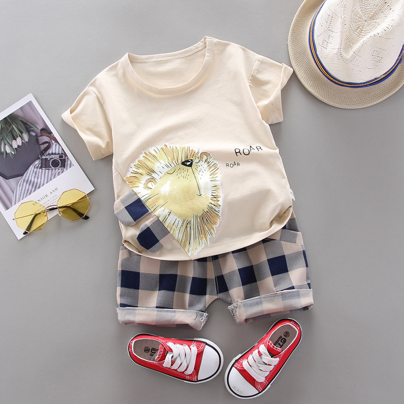 2-piece Toddler Boy Letter Lion Print Short-sleeve Tee  and Plaid Shorts Set