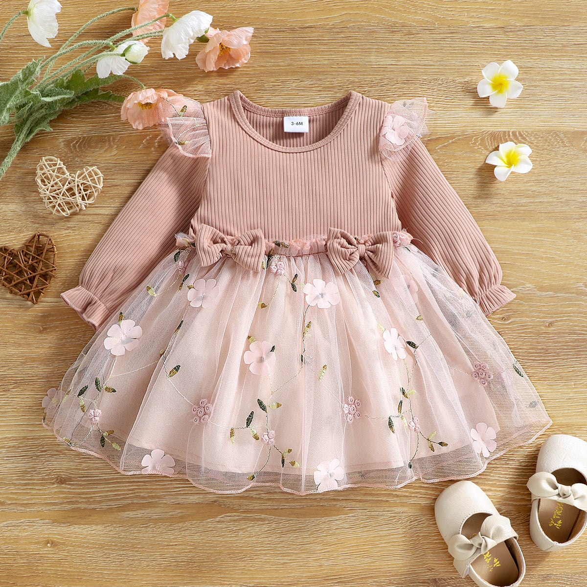 Baby Girl Pink Ribbed Long-sleeve Bowknot Floral Embroidered Mesh Dress