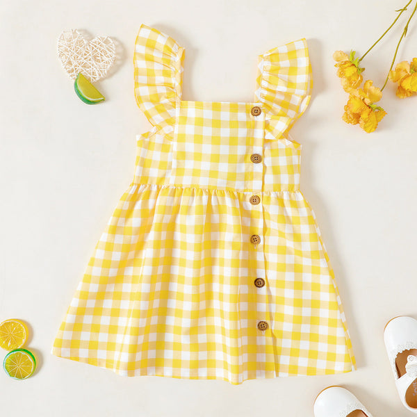 Toddler Girl Button Design Lemon PrintPlaid Flutter-sleeve Dress